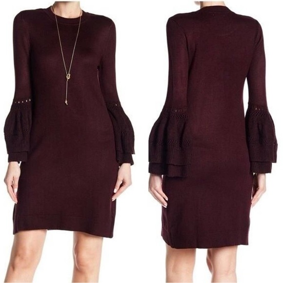 ELIZA J Women’s Knit Layered Burgundy Bell Sleeve Sweater Dress Size: Medium - Picture 1 of 6